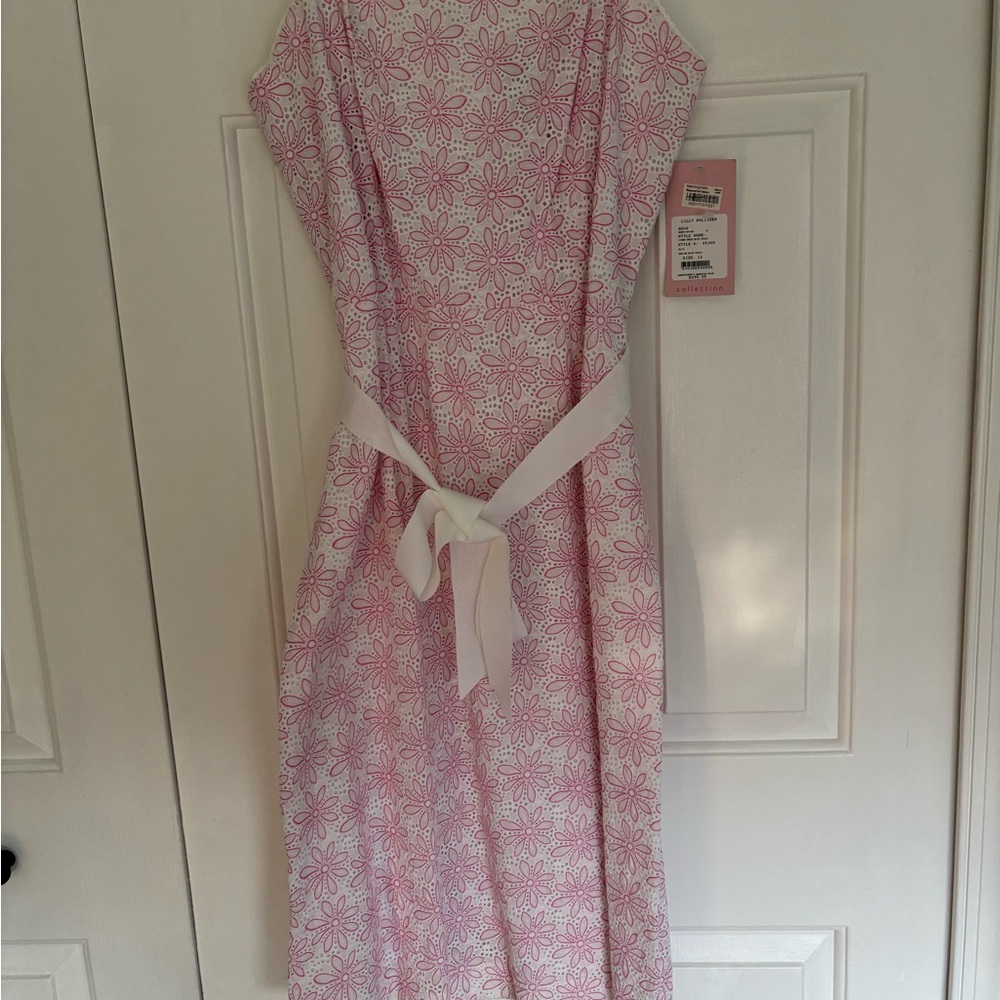 Lilly Pulitzer Pink Floral Strapless Dress with White Waist Tie